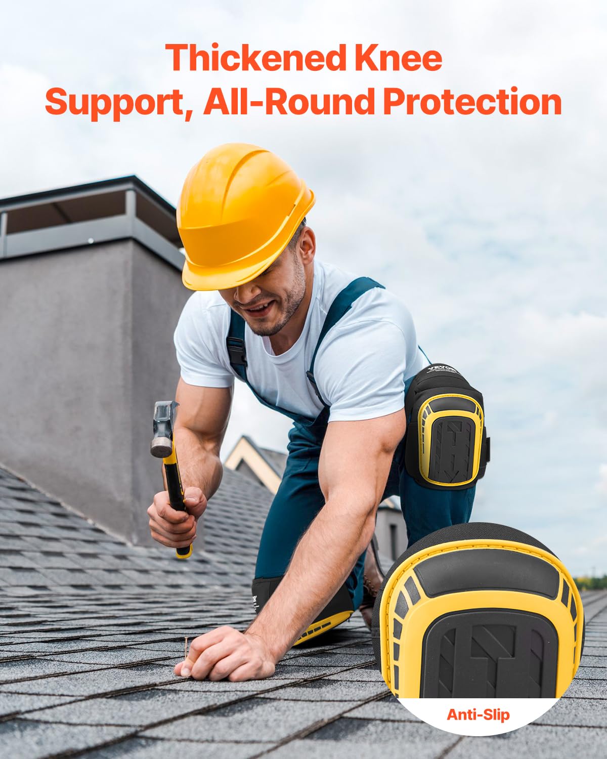 VEVOR Knee Pads for Work, Extended Heavy Duty Construction Knee Pads with 2 Extension Straps, Foam Gel Cushion, Anti-slip for Gardening Flooring Roofing and Cleaning, Men & Women, Yellow and Black