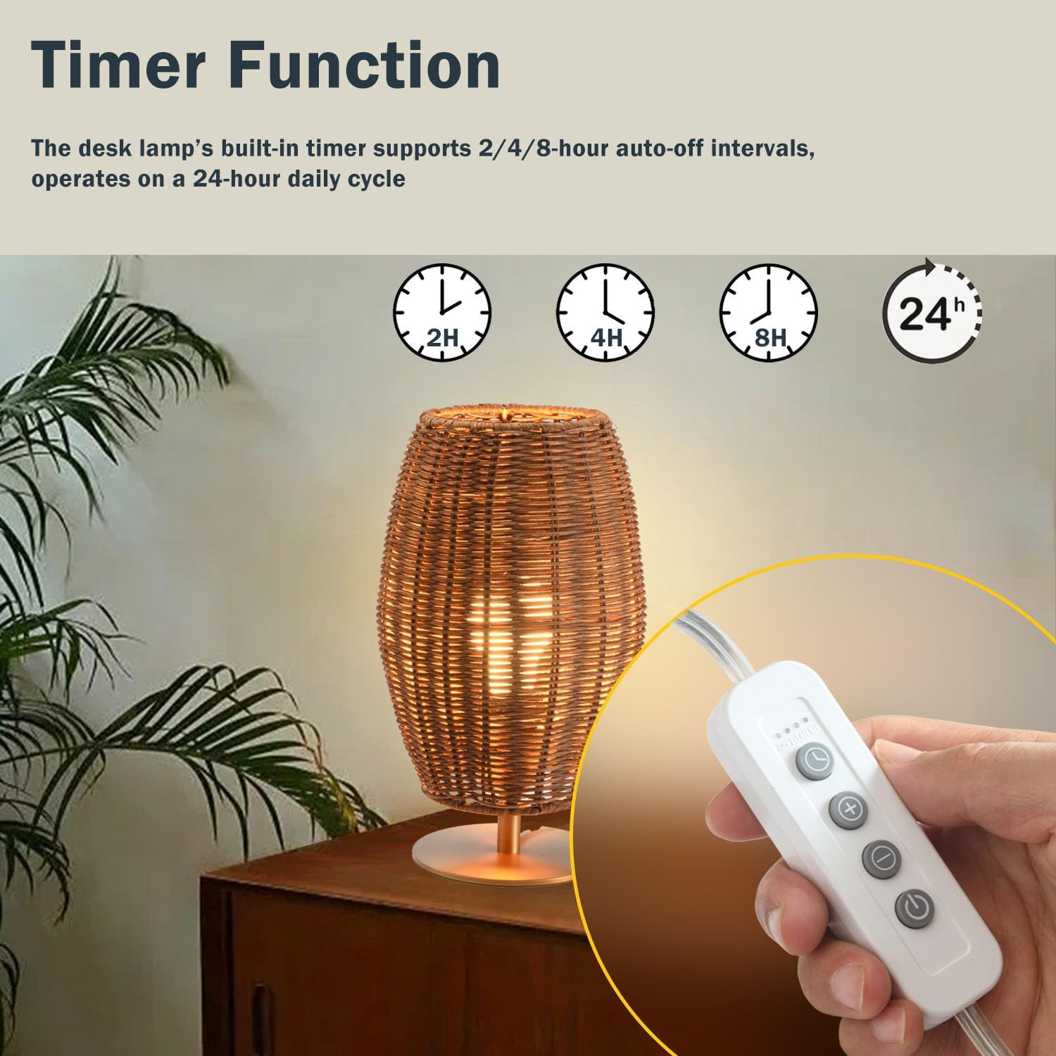 Boho Style Rattan Table Lamp,Dimmable Bamboo Desk Lamp,Timer Build in,Oven Brown Rattan
