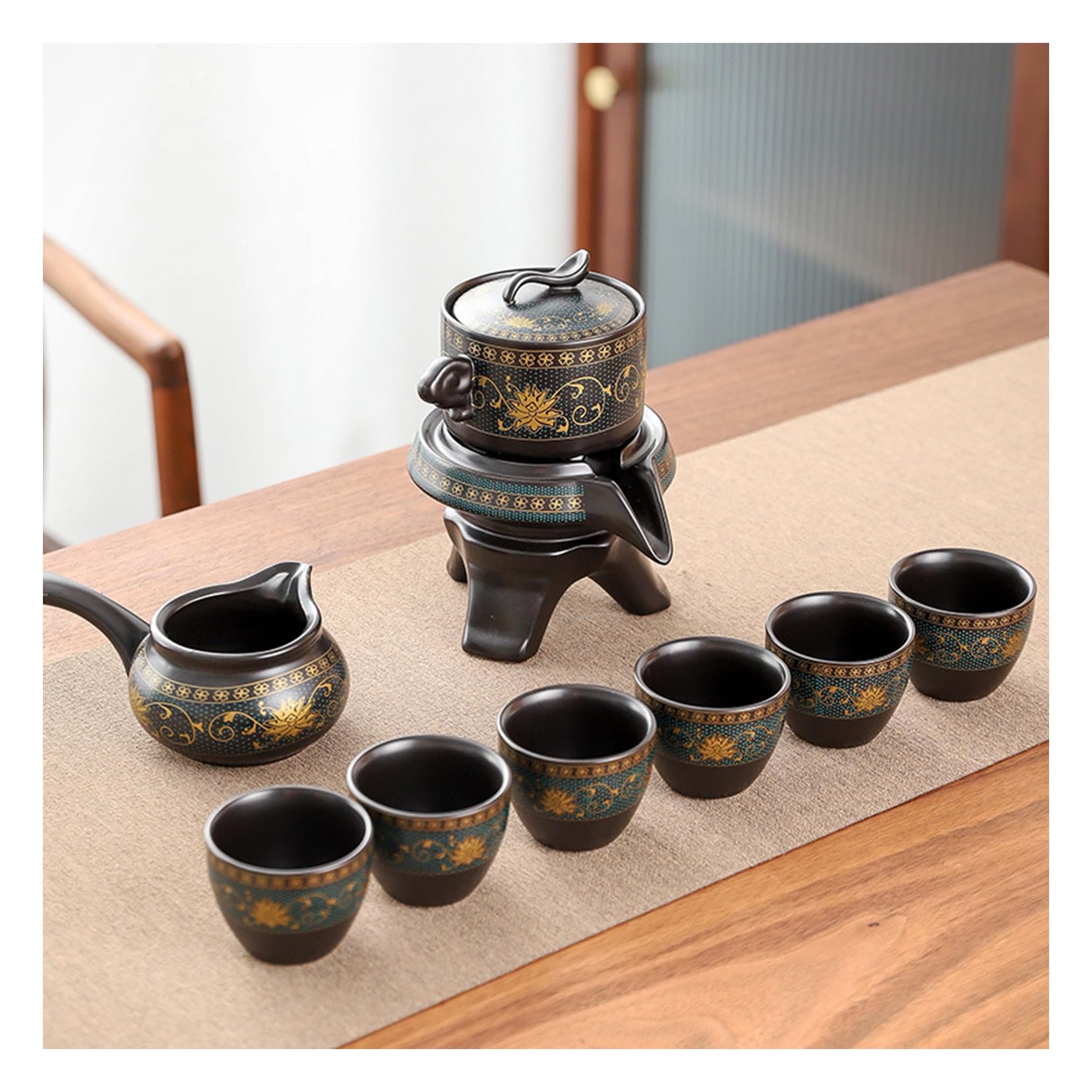ZALTAS Juego de té de cerámica China Kungfu, diseño de Molino de Piedra semiautomático, Tetera de cerámica Hecha a Mano, 6 Tazas de té japonés de Kung Fu, Juego de s A