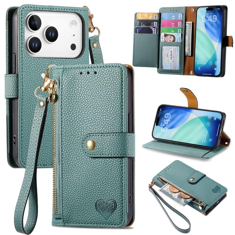 Étui pour iPhone 17 Pro Max vert porte-carte sécurisé par fermeture éclair robuste
