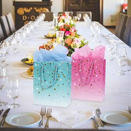 Miniatura 5 de Nwvuop 4 bolsas de regalo de papel con papel de seda, 9 x 7 x 4 pulgadas, bolsas de regalo de tamaño mediano con asas para cumpleaños, boda, baby