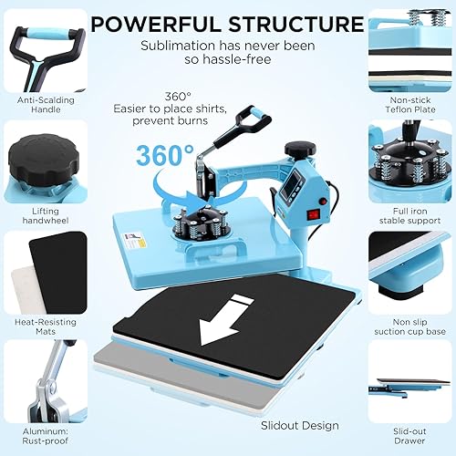 Miniatura 7 de AKEYDIY Prensa de calor 5 en 1 de 15 x 15 pulgadas con prensa de vaso de 30 onzas, máquina de prensa digital de camisas deslizante giratoria de 360,