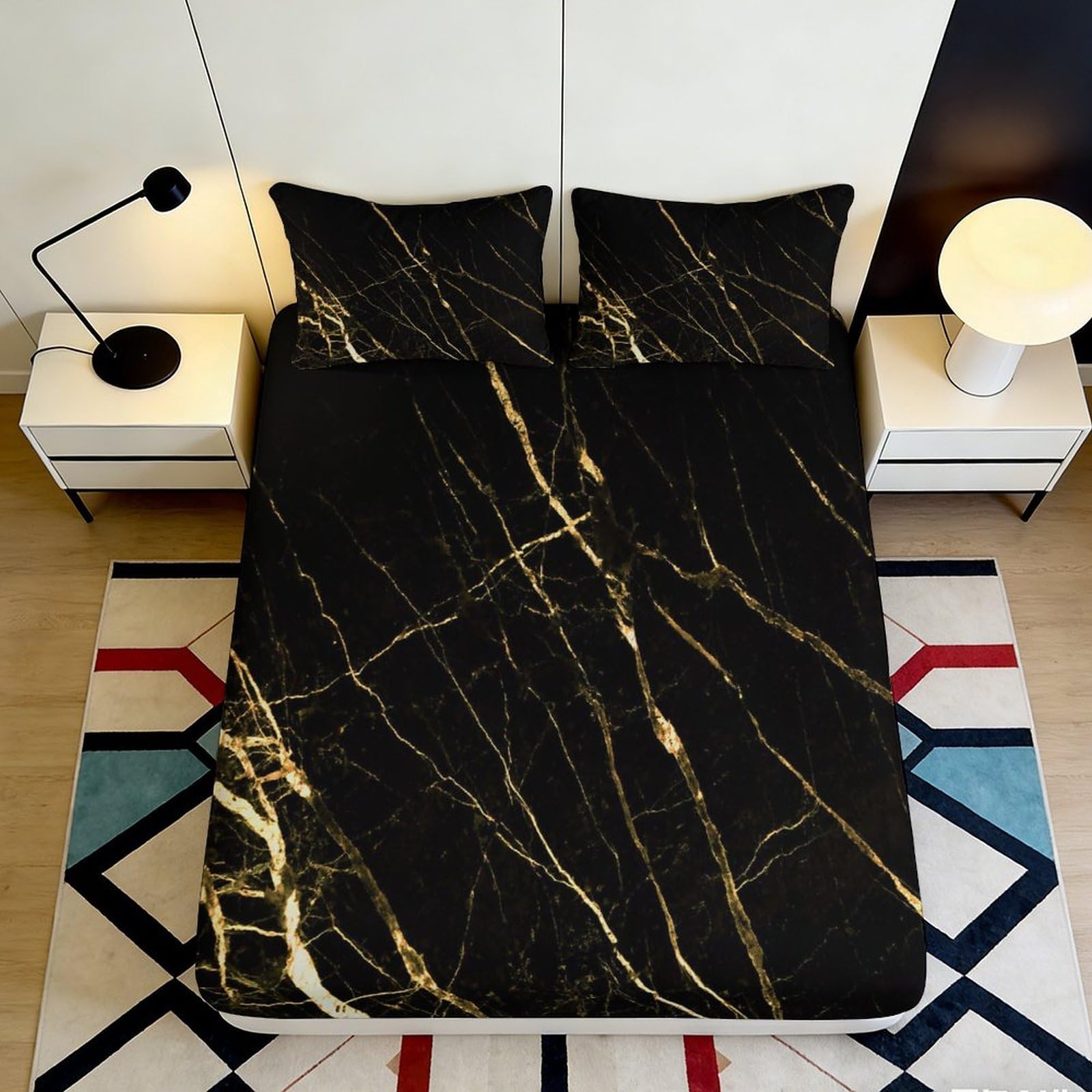 3D Printed Black Marble Fitted Sheet Microfiber Deep Pocket Bedroom Set Black Marble Mattress Fitted Cover Non-Slip Full Wrap 160x200x25cm