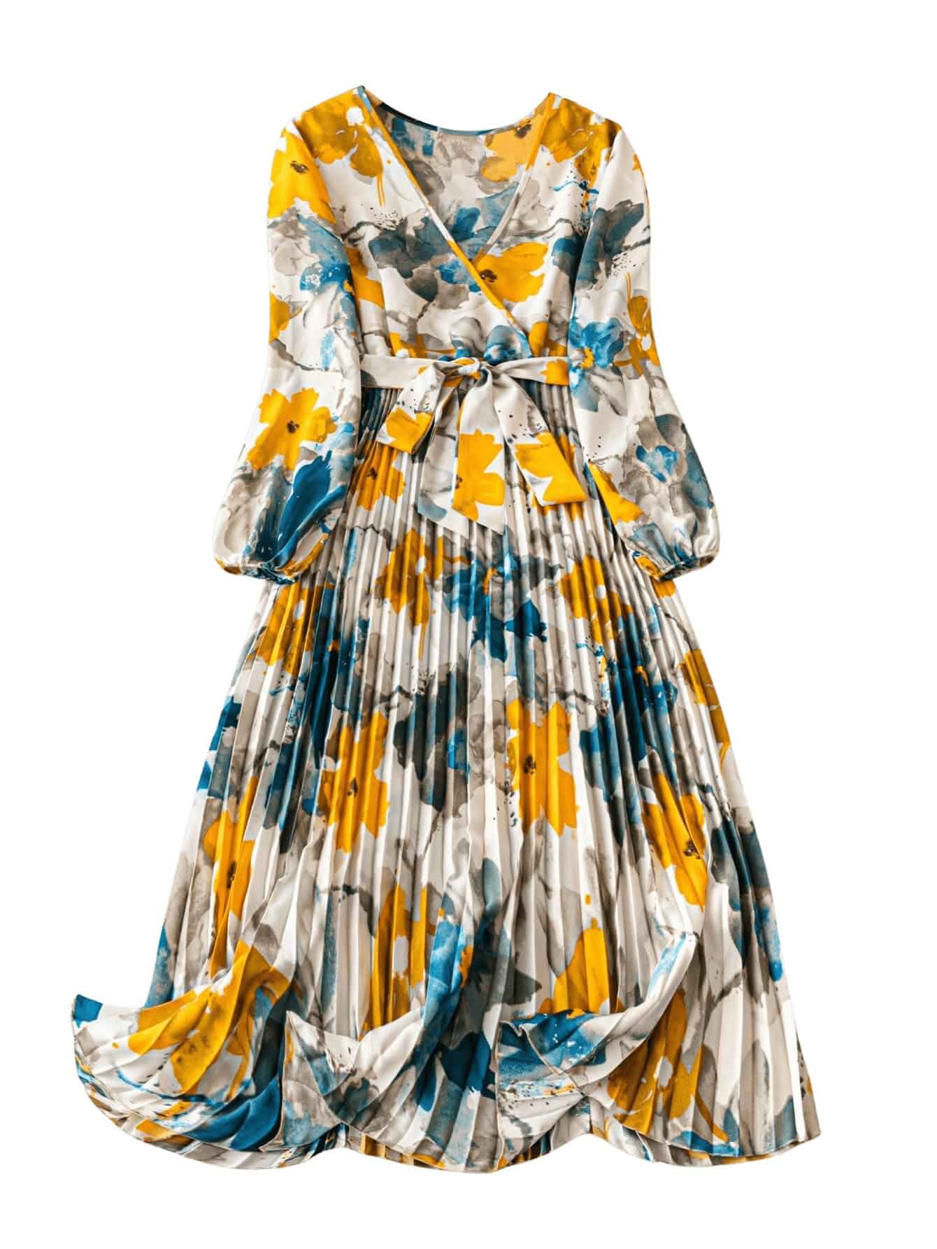 Floerns Women's Boho Floral Print Long Sleeve Belted Wrap V Neck Pleated Flowy Dresses Long Sleeve