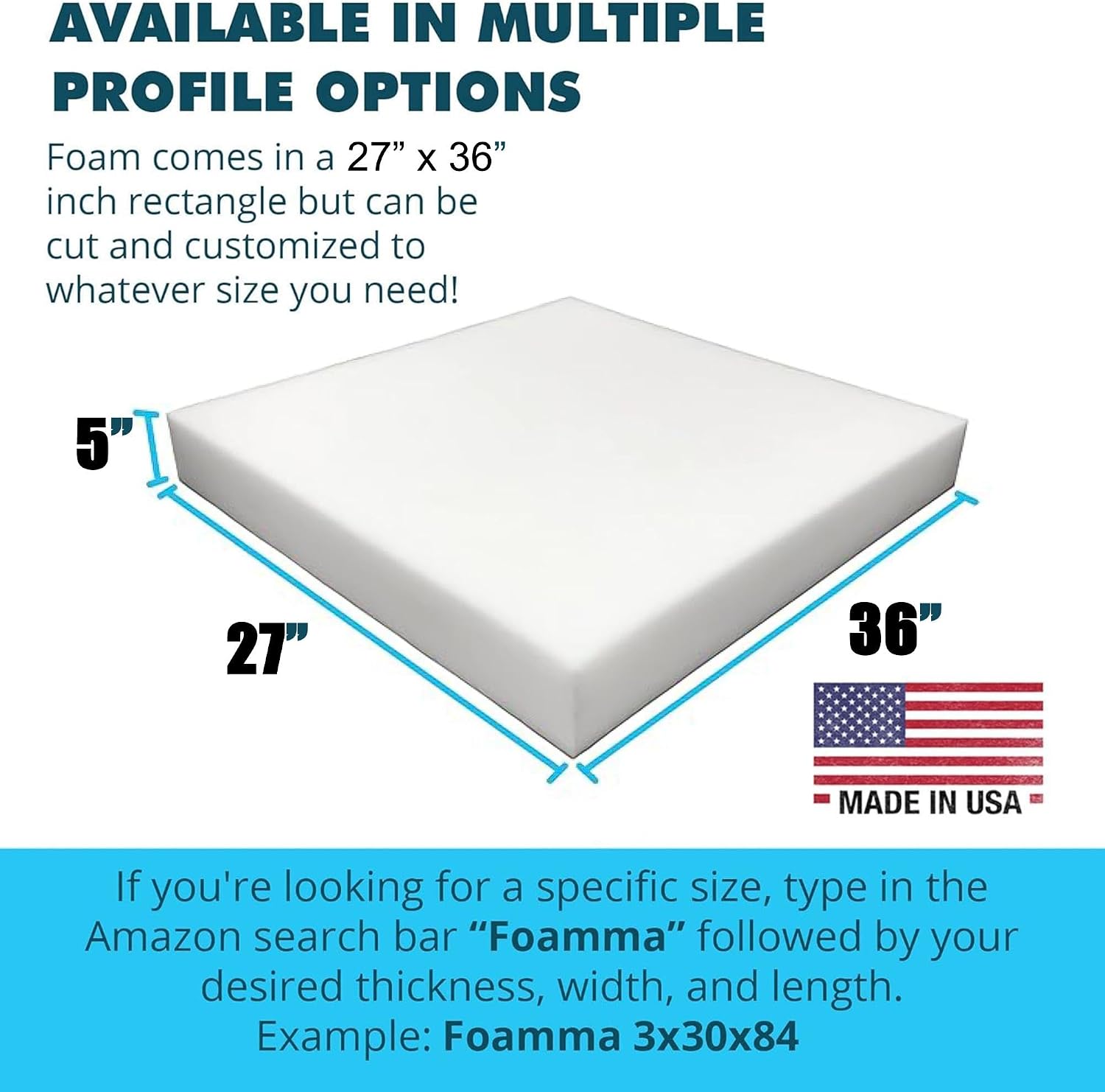 FOAMMA 5" x 27" x 36" High Density Upholstery Foam Cushion (Seat Replacement, Upholstery Sheet, Foam Padding) Made in USA