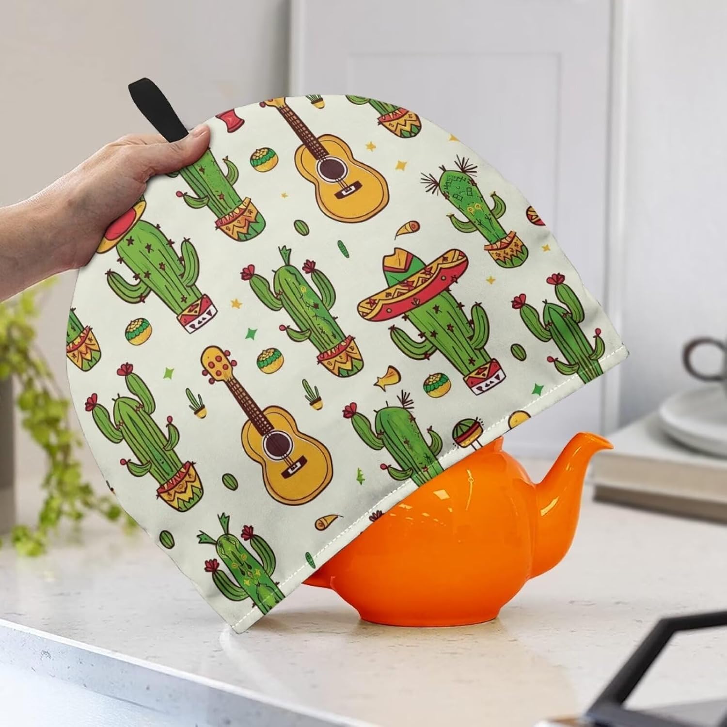 Cinco de Mayo Tea Cozy for Teapot Insulated Mexican Muertos Floral Tea Cosy for Teapot Dust Protector Cactus Tea Pot Cozy Mexico Day Tea Cozies Guitar Tea Cosy for Teapot