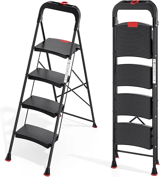 TOOLF 4 Step Ladder, Heavy Duty Step Stool with Tool Tray and Anti-Slip Wide Pedal, Portable Steel Folding Ladder for Home, Kitchen, 800 Lbs Capacity for Home & Industry, Black