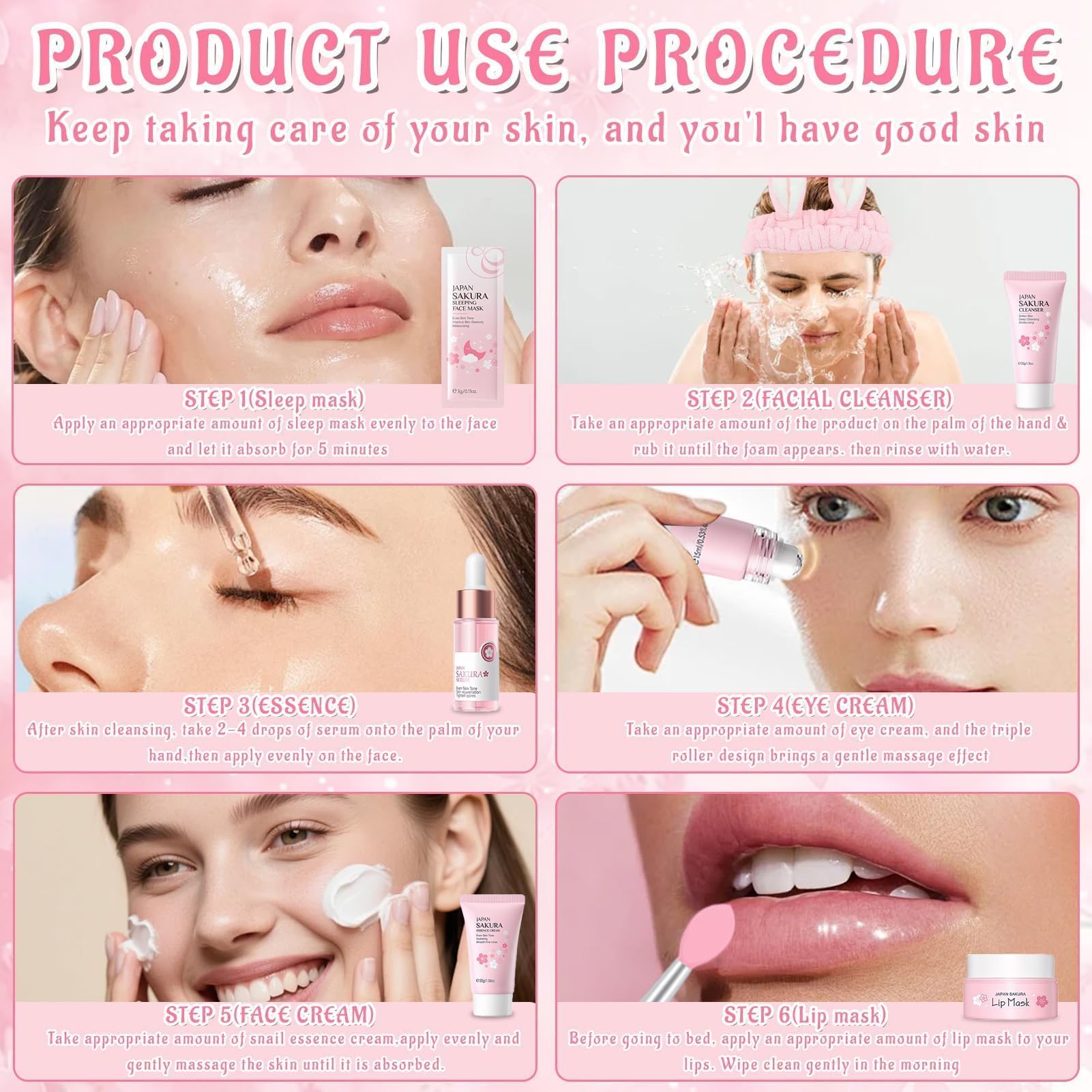 Kit per la Cura della Pelle Sakura 18 Pezzi,Include Detergente,Crema, Siero,Siero per gli occhi,Maschera di fango,Maschera per dormire, Accessori,Set Skincare Viso Completo per Ragazze e Donne