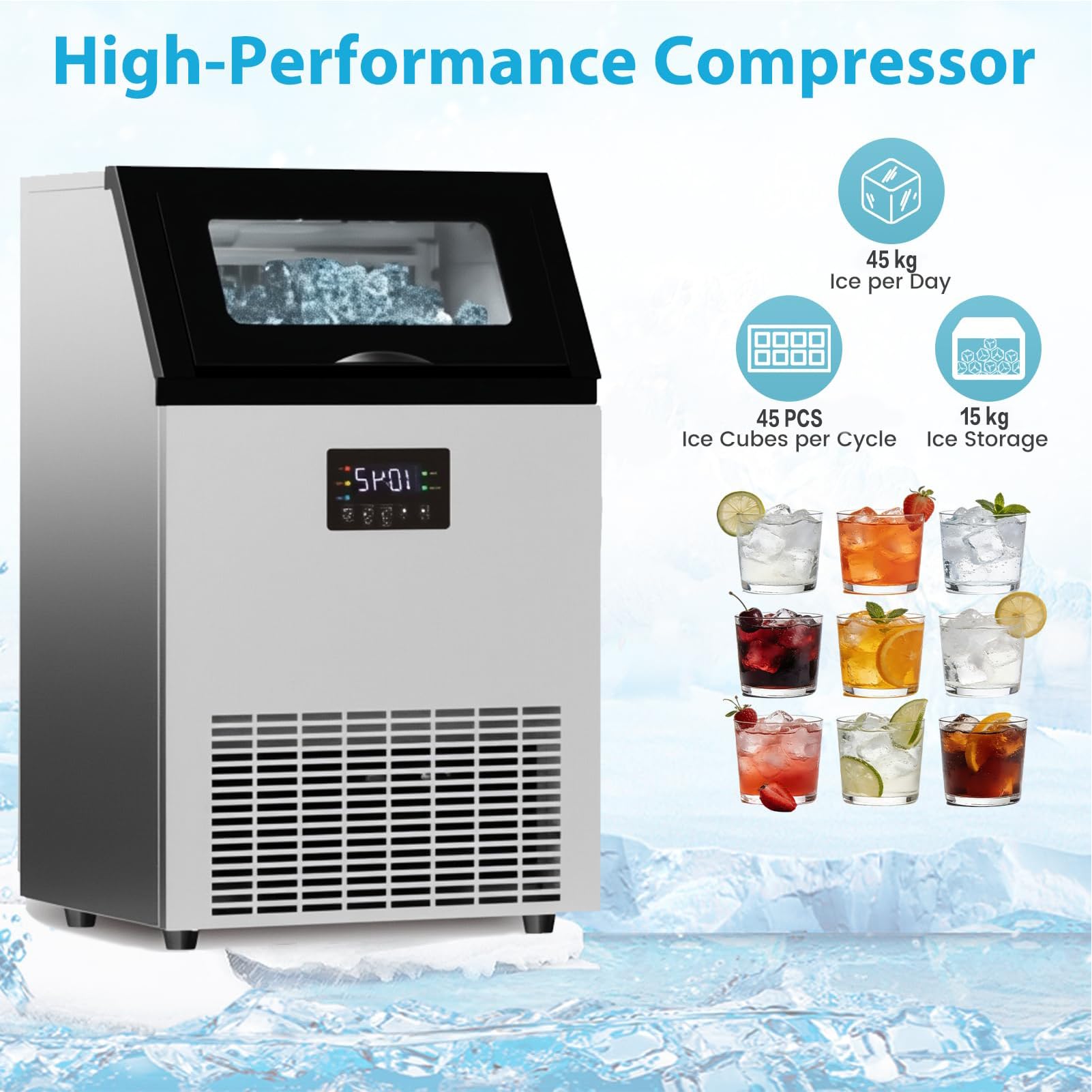 Macchina per Ghiaccio Commerciale, Fabbricatore di Ghiaccio Elettrico da 300W con Display Digitale e Paletta per Ghiaccio, 2 Metodi di Alimentazione dell’Acqua, 45 kg/24 h, 50kg/24h-15kg Ice Storage