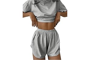 Striped Print Tee and Side Split Shorts Pajama Set for Women