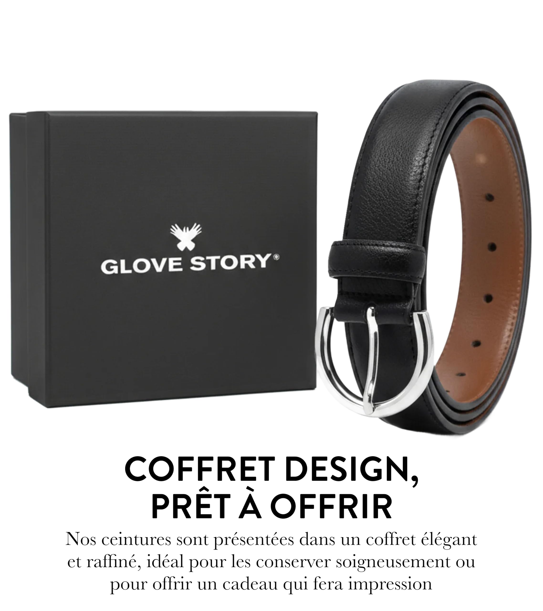 GLOVE STORY Ceinture Femme en Cuir - Boucle Métal Élégante Style Habillé - Coffret Cadeau Accessoire Mode Haut de Gamme pour Jean, Tailleur Costume et Pantalon - Largeur 35mm