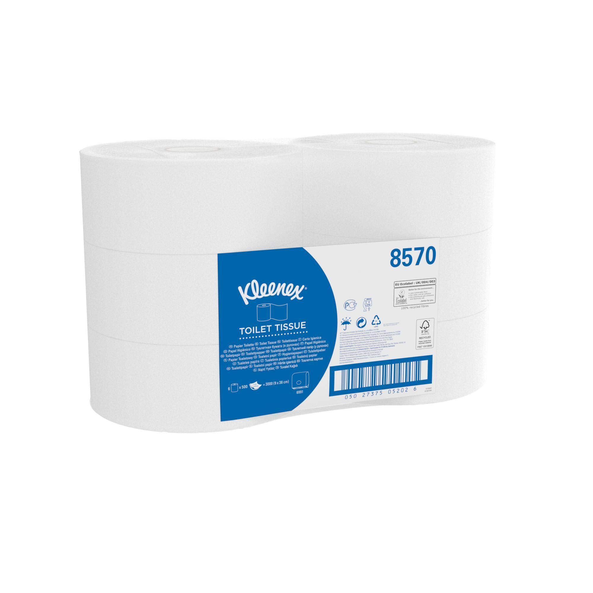 Rolki chusteczek toaletowych Jumbo Kleenex 8570 — 6 rolek x 500 białych, 2-warstwowych arkuszy (1140 m)