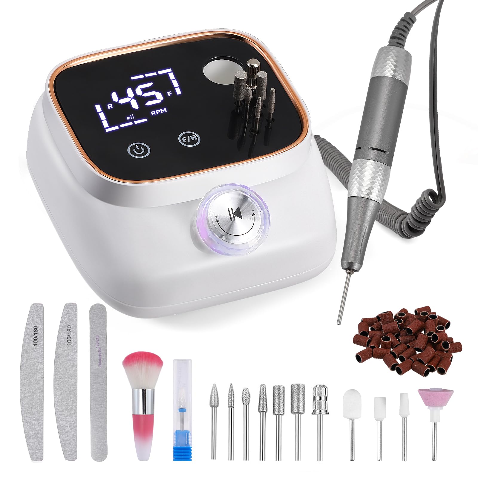 Torno para Uñas Profesional, 45,000 RPM Lima Electrica Uñas Profesional, Kit 11 Fresas Brocas, 56 Tiras Abrasivas, Pantalla táctil LCD, Quitar Acrílico Gel/Esmalte/Callos, para Uso Doméstico Salones