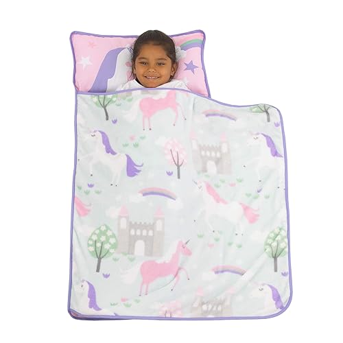 Everything Kids Pink & Aqua Unicorn - Tapete para siesta con almohada y manta, rosa, aguamarina, lavanda, blanco (4126392P)