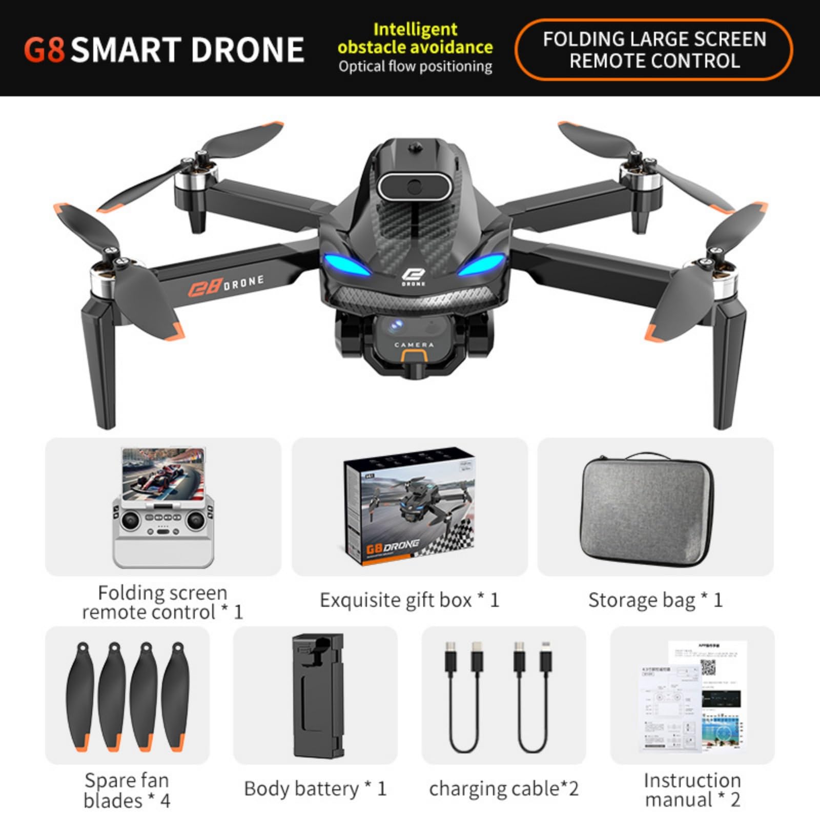 Drone con Evitamento Ostacoli Quadricottero RC Pieghevole | Drone G8 GPS, 5G WIFI FPV Brushless Flusso Ottico Evitamento Ostacoli ESC, Luci Colorate RC
