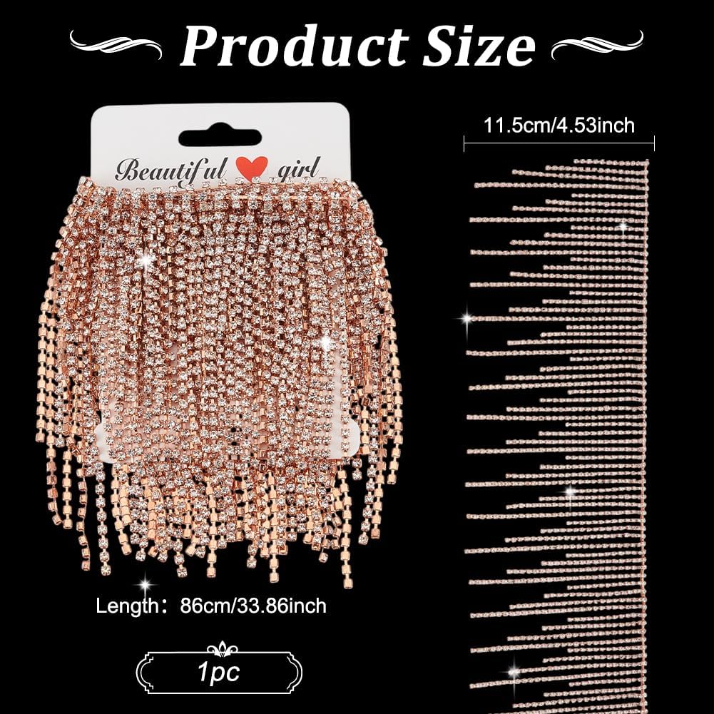 PH PandaHall Rhinestone Fringe Tassel Chain Rhinestone Trim Crystal Tassel Fringe Trim Diamond Tassels Chain for Wedding Clothing Accessories DIY Decor, 0.9 Yard, Rose Gold