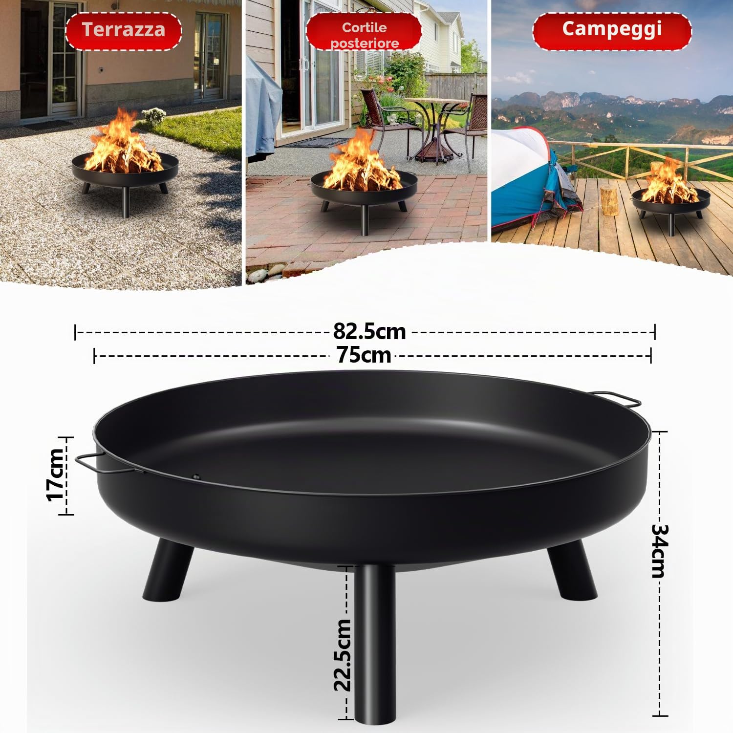 Braciere per esterni, diametro 82,5 cm, grande braciere in ferro con manici, braciere di alta qualità per balcone, cortile, foresta, camino, terrazza, campeggio