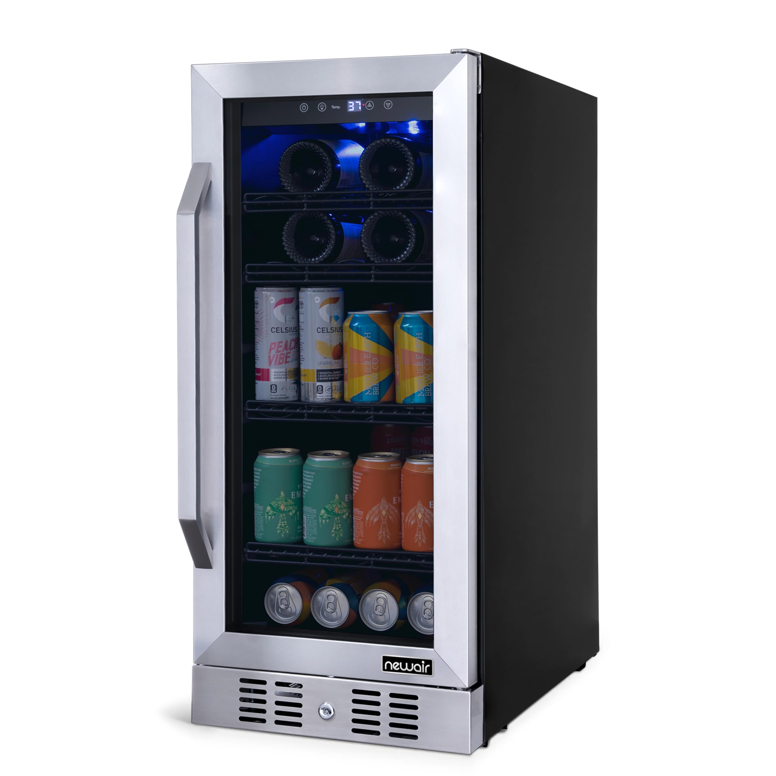 NewAir 15" Single Zone Beverage & Wine Fridge Beverage Refrigerator & Wine Cooler for 33 Bottles / 80 Cans | Freestanding or Built-In Under Counter Mini Fridge for Beer, Wine & Soda | Stainless Steel | Fridge.com