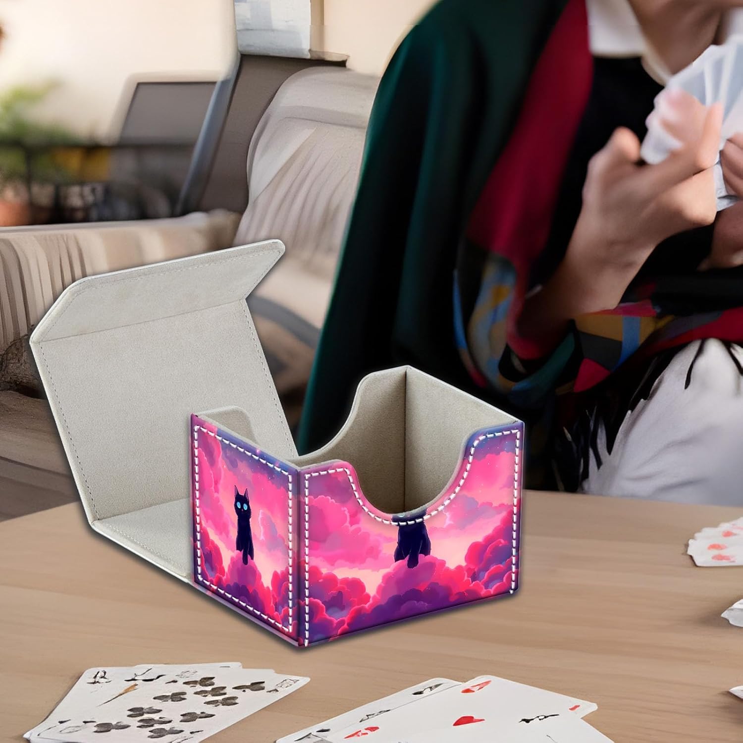 High-Capacity Art Deco Card Deck Box - Ideal Trading Card Game Storage Solution with Compact Size, and Easy Access - PU Leather Fits for TCG CCG Magic Cards(Pink Clouds Cat)