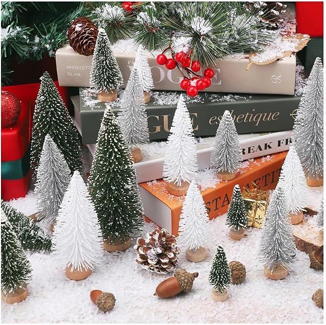 30PCS Mini Artificial Christmas Trees, Plastic Sisal Trees Bottle Brush Trees Snow Frost Ornaments with Wood Base, DIY Crafts Mini Decorative Tree for Xmas Home Table Top Decor Winter Ornament