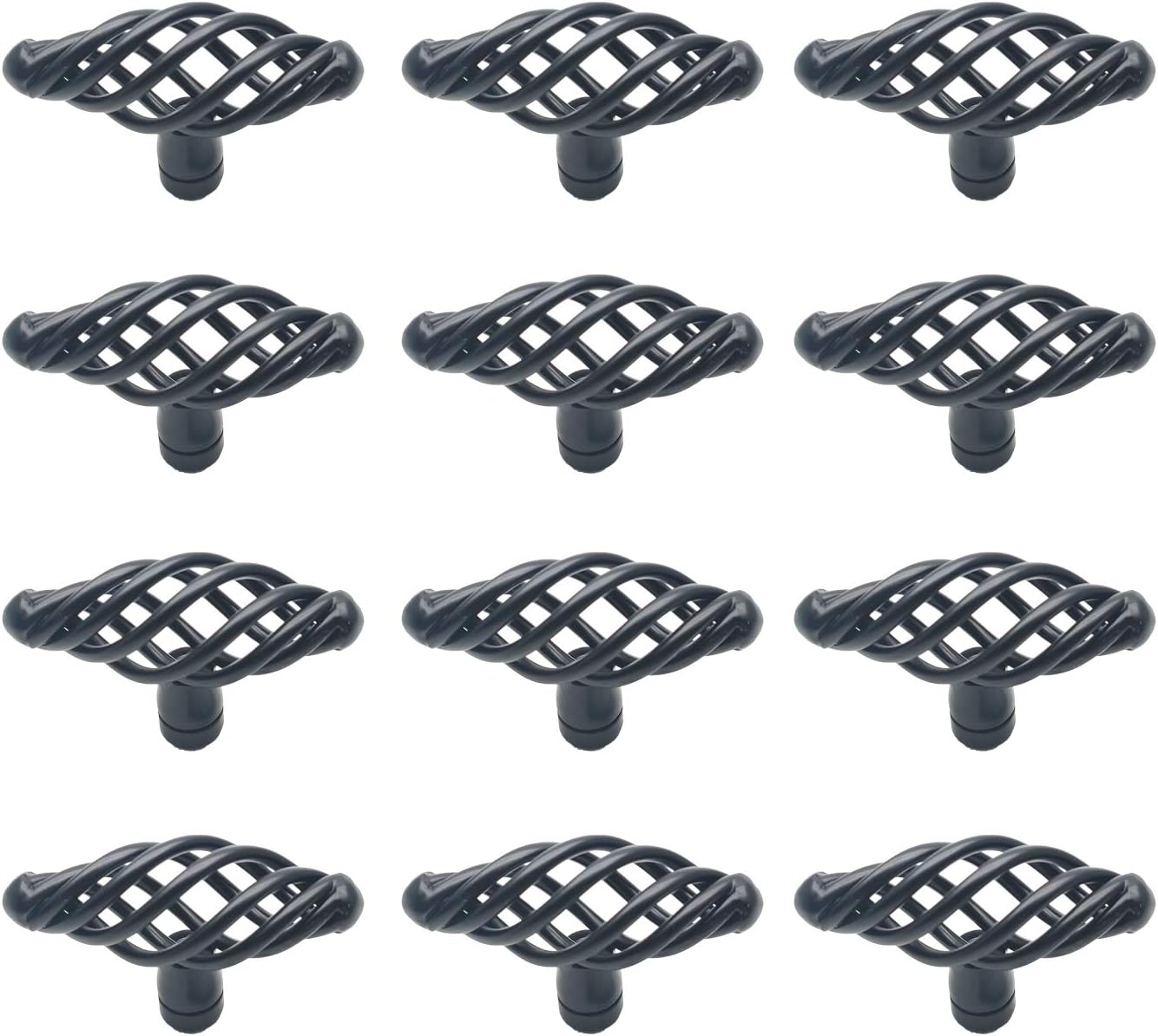 Cabinet Knobs,12-Pack, Knob 1.3" Dia. Round Birdcage Hollow Shape Matte Black Iron