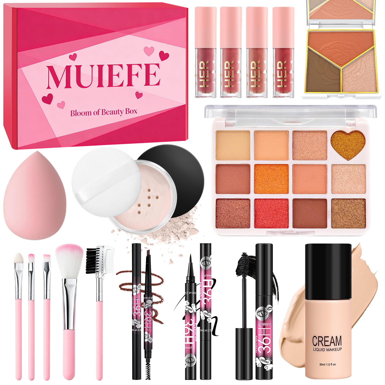 Coffret Maquillage Femme, Kit Maquillage Complet Ado Fille, Coffret Cadeau Maquillage avec Palette à Yeux, Fond de Teint, Mascara, Gloss à Lèvres, Crayon Sourcil, Eyeliner, Pinceau à Maquillage