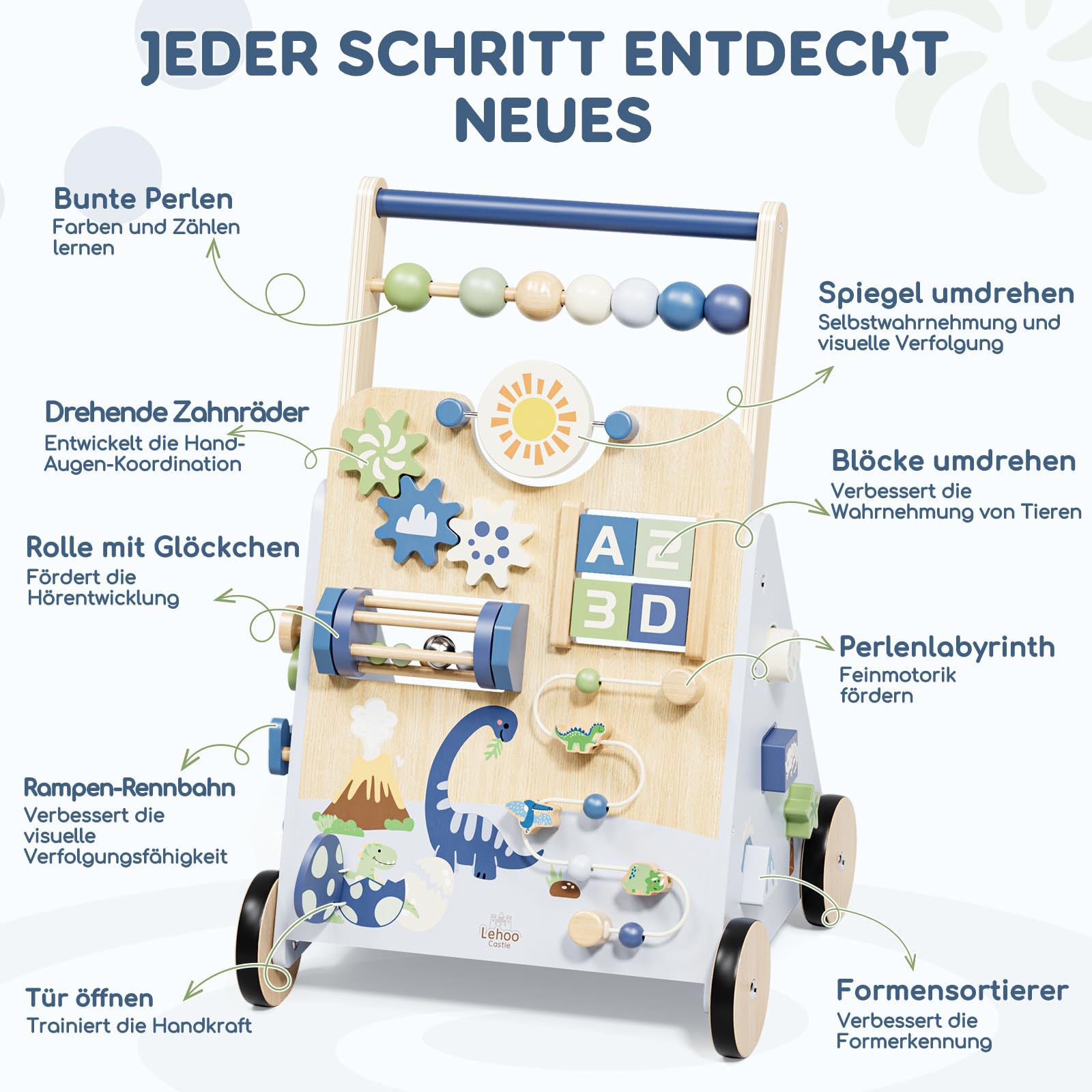 Lehoo Castle Lauflernwagen Holz mit Bremse, Dinosaurier Laufwagen ab 1 Jahr | Einstellbare Bremse, 9-in-1 Activity Center, Einfache Montage, Montessori inspiriertes Spielzeug, Geschenk 1 Jahr Jungen