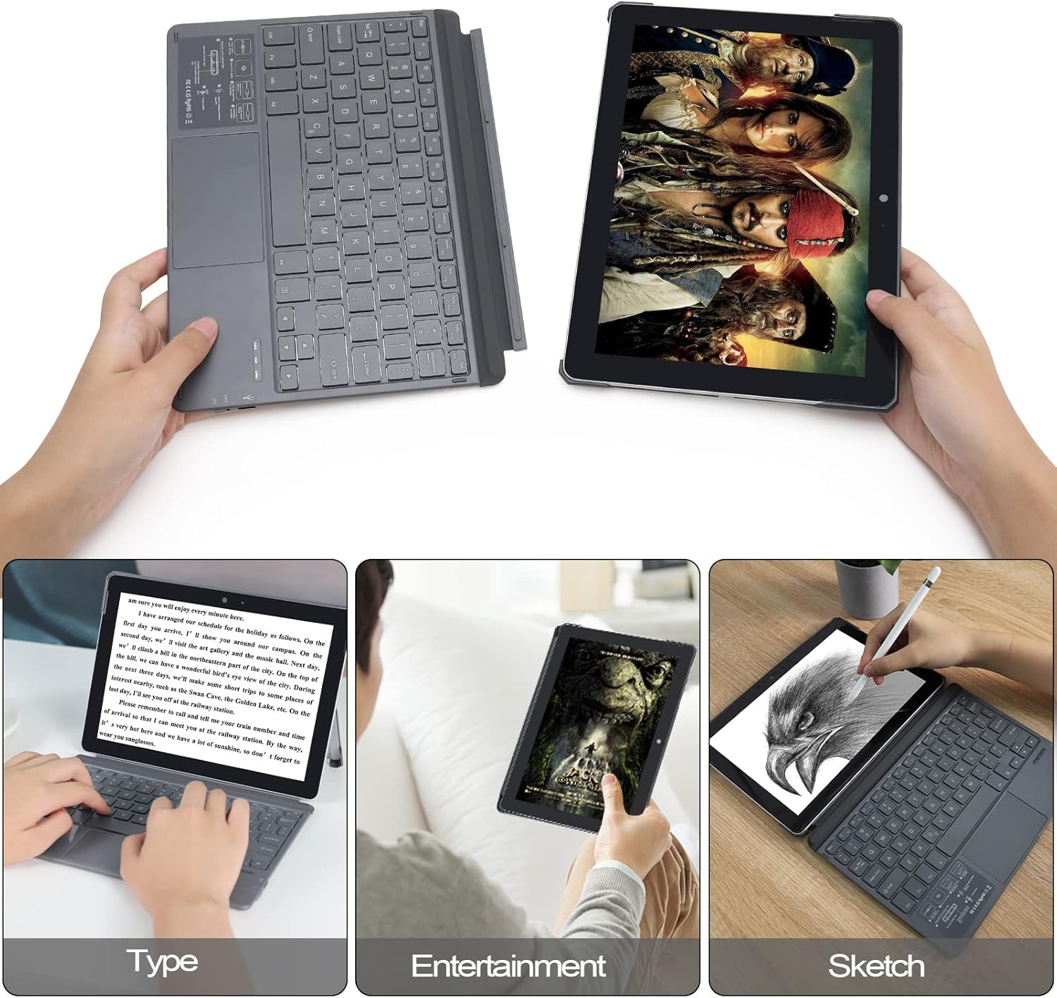 Keyboard Case for Surface Go (3/2/1), Magnetic Detachable, Portable Rechargeable Wireless Bluetooth Keyboard with Touchpad- Grey