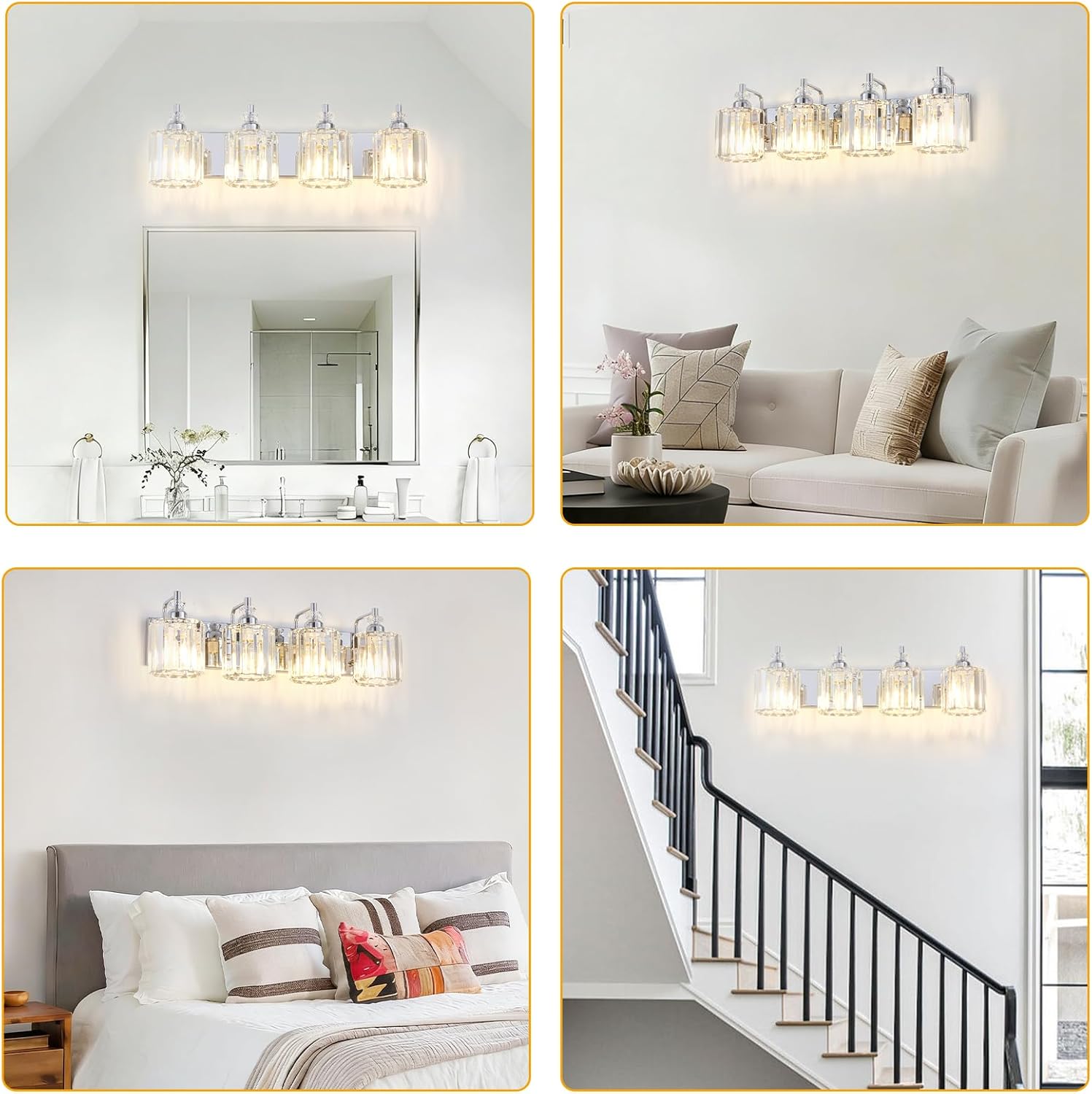 4-Light Modern Bathroom Light Fixture Chrome Bathroom Vanity Lights Over Mirror Wall Sconce Lighting with K9 Crystal Shades E26 Base for Bedroom, Living Room, Hallway, Cabinet Wall Lamp