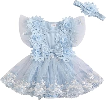 Baby Girl Romper Dress Flower Lace Tulle Dresses with Headband Newborn Photography Birthday Outfits
