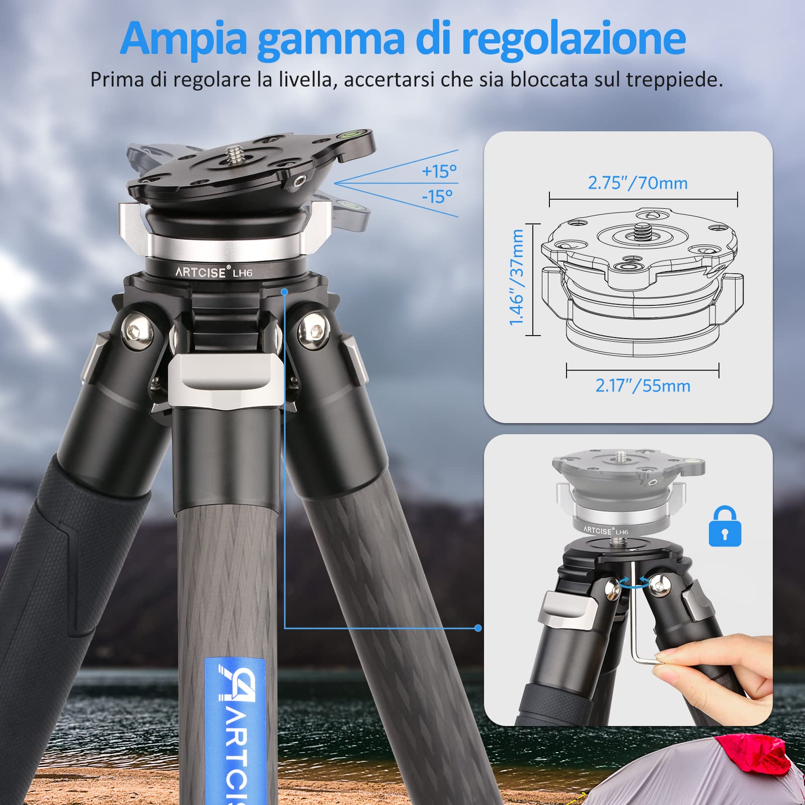 ARTCISE LH6 base di livellamento, manopola di bloccaggio ergonomica +/-15° inclinazione orizzontale regolazione testa del treppiede per Canon Nikon Sony fotocamera DSLR, carico massimo 20kg