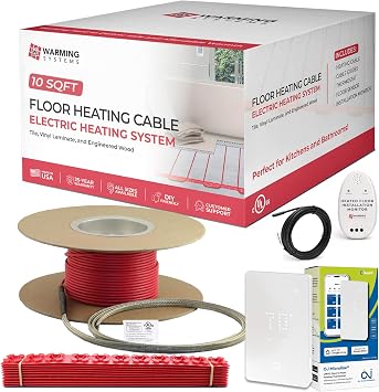 10 Sqft Electric Radiant Floor Heating Cable Kit 120V Heated Tile Floor System with UWG5 Programmable Thermostat, Sensor, Installation Monitor & , Made in the USA