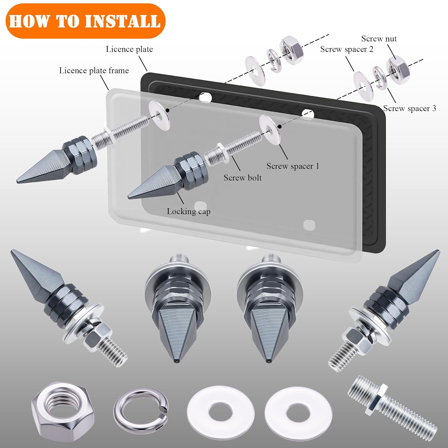 4PCS Spike License Plate Screws - Anti-Theft Fasteners Kit, Universal Fit for Cars, Trucks, Motorcycles - Stainless Steel & Aluminum Alloy (Gray) image 3