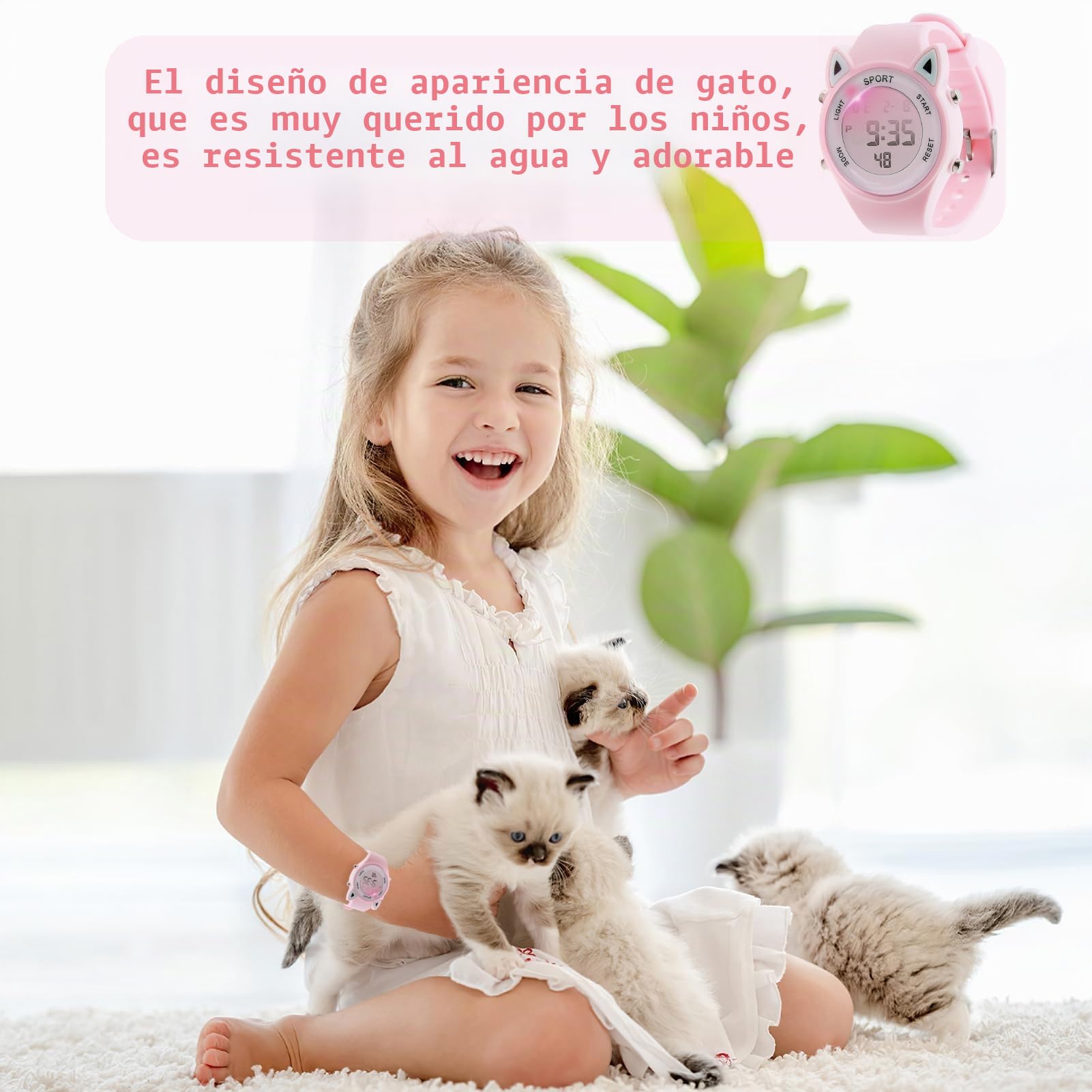 Reloj Digital para Niña con Disegno 3D Orecchie di Gatto Impermeabile 30M Alarma Cronómetro Luz