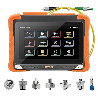 Rsrteng OTDR Fiber Optic Tester 1310/1550nm 32dB/30dB Range 420km High Accuracy 7LCD Touch Screen SM Fiber Tester Support Event Map OPM, VFL, LS, OLS Ethernet Remote Test Analysis Software