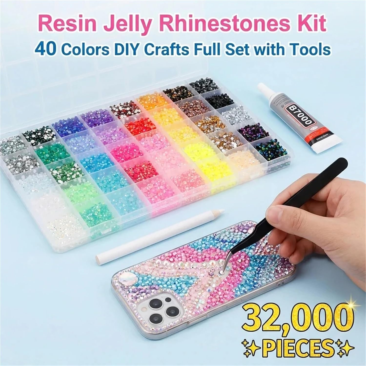 Bedazzler Kit with Rhinestone 32000pcs Resin Jelly Rhinestones for Bedazzling Mixed-Color 3mm Flatback Gems for Diamond Art Bedazzler Kit for Adding Sparkly Bling to Bags,Nails,Decors