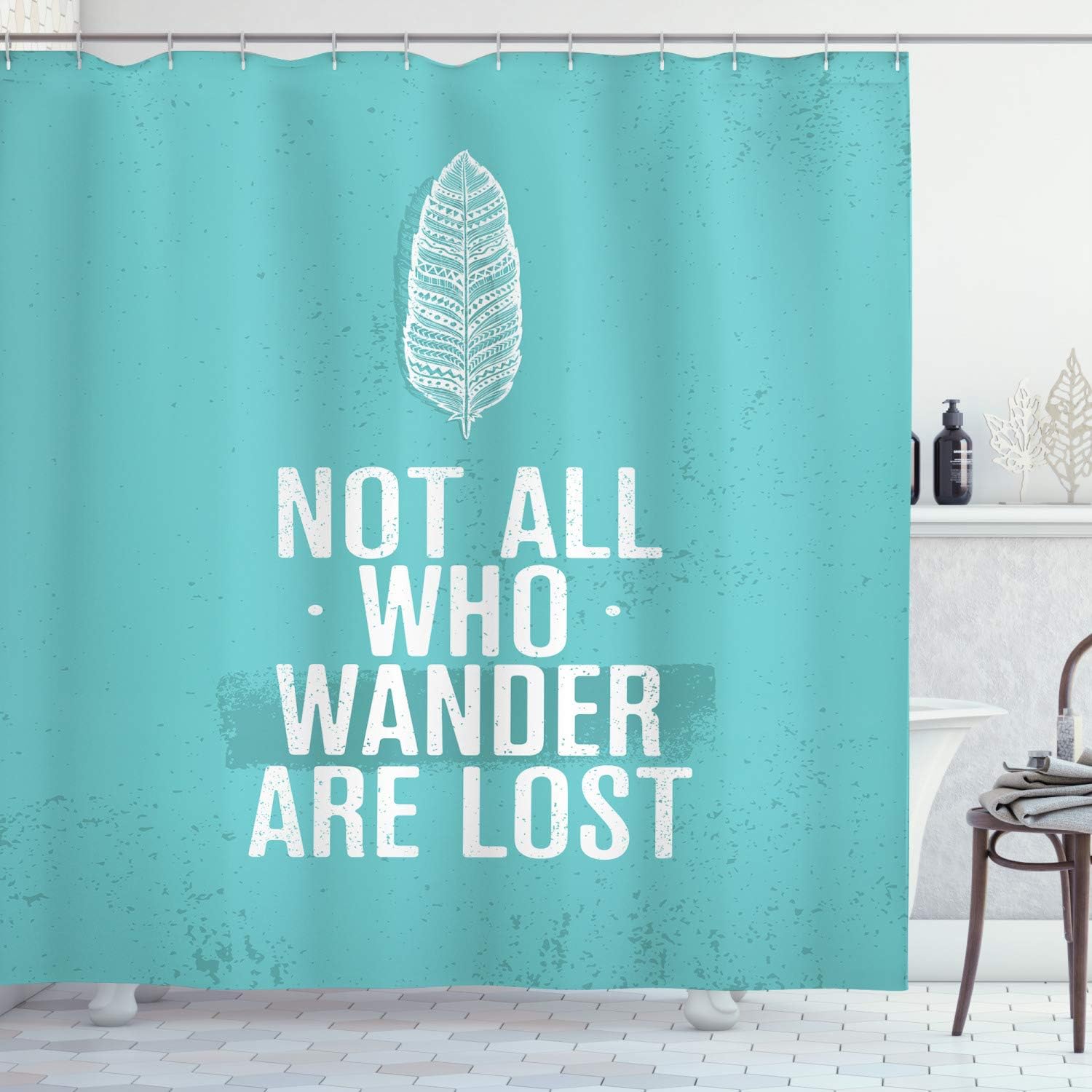 Ambesonne Adventure Shower Curtain, Not All Who Wander are Lost Words of Wisdom Boho Form Feather Grunge Look, Cloth Fabric Bathroom Decor Set with Hooks, 69" W x 70" L, Turquoise White