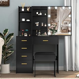 Black Vanity Desk with Sliding Mirror and Lights, Makeup Vanity with Stool, Upgraded Tempered Glass Mirror, 3-Color Adjustable Brightness, Small Vanity Set for Bedroom, Girls