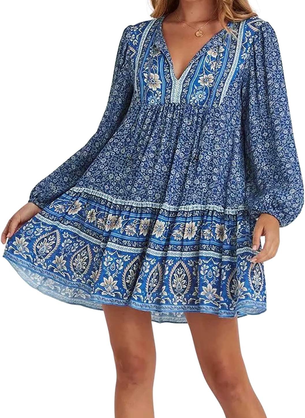 R.Vivimos Women's Cotton Long Sleeve Floral Print Ruffled Hem Casual Boho Flowy Tunic Dress