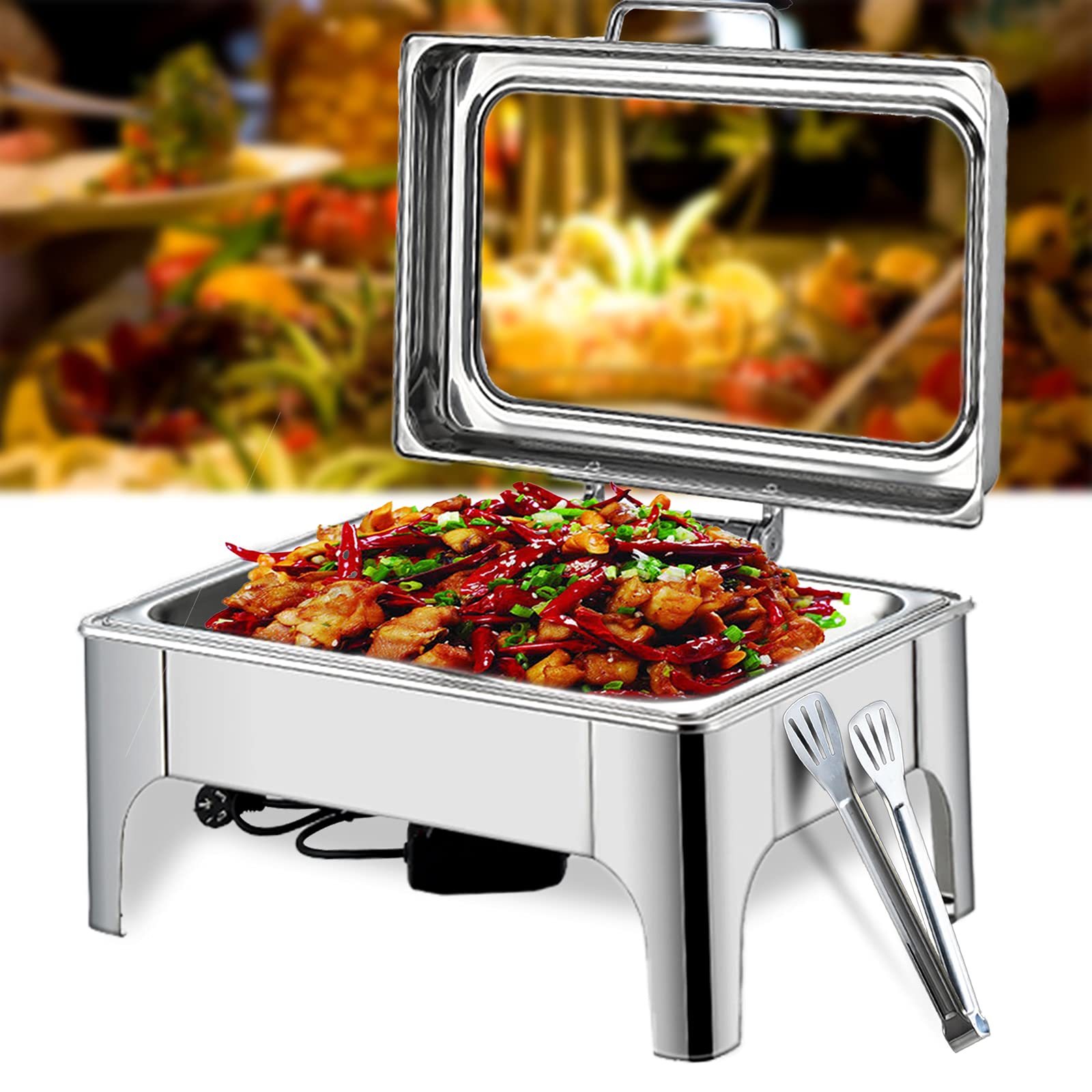 Chafing Dish Electrique, Chauffe-Plats en Acier Inoxydable pour réceptions, Ensemble Buffet 9 L avec Couvercle Transparent, température réglable, modèles Hauts - GN,Tall Models-GN1/1