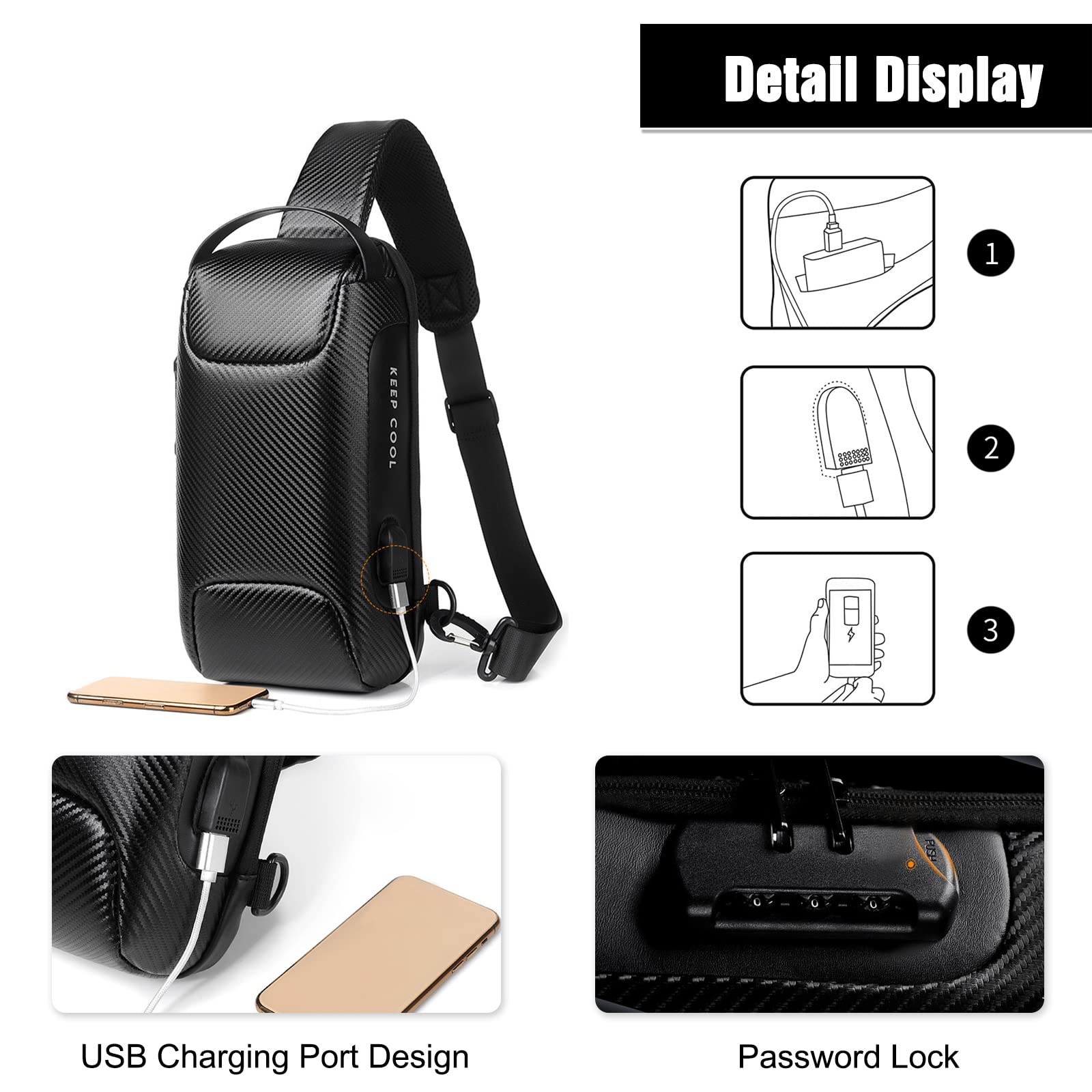 FANDARE Antifurto Zaino Monospalla Uomo Borse piccole a tracolla con USB Business Borsa a Spalla Impermeabile Stile auto sportive per Scuola Outdoor Ciclismo Viaggio Multitasche Piccolo Zaino Nero A