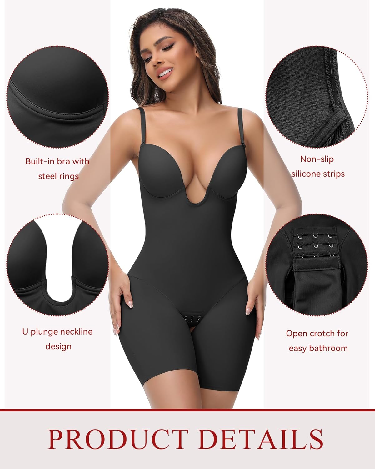 SHAPSHE Backless Shapewear Strapless Deep U Plunge Bodysuit for Women Built In Bra Tummy Control Low Back Body Shaper - Image 4