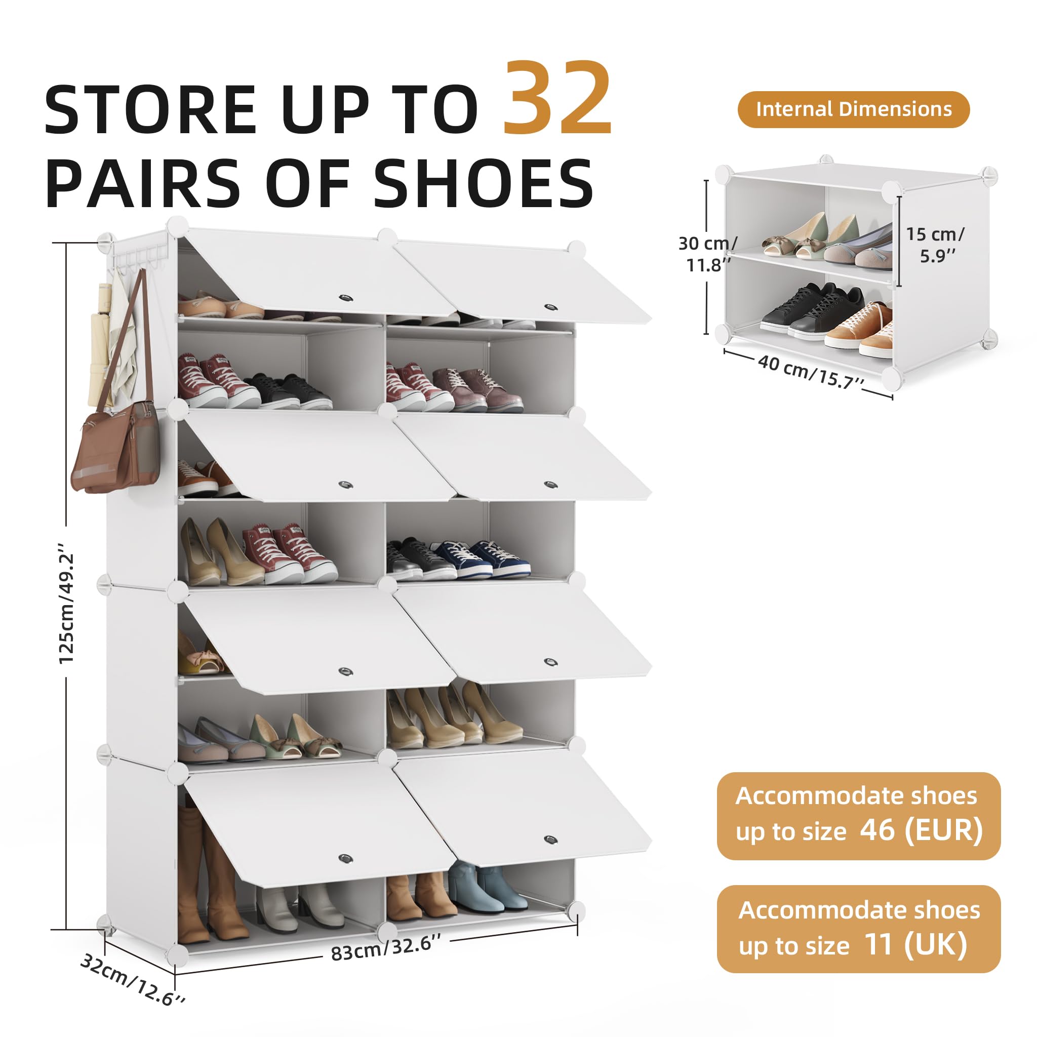 Mondeer Schuhregal, 8-stufiger Kunststoff Schuhschrank, Modulares Schuhaufbewahrung, Staub- und Wasserabweisend, Platzsparendes, hält 32 Paar Schuhe für Foyer, Schlafzimmer, Wohnzimmer, Weiß