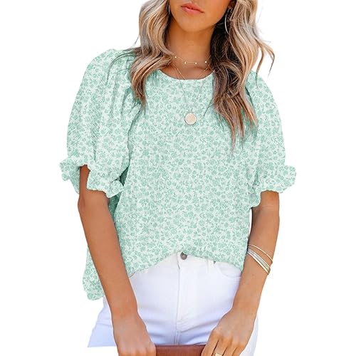 Dokotoo Floral Print Blouses for Women Crewneck Smocked Puff Sleeve Shirts Casual Babydoll Tops