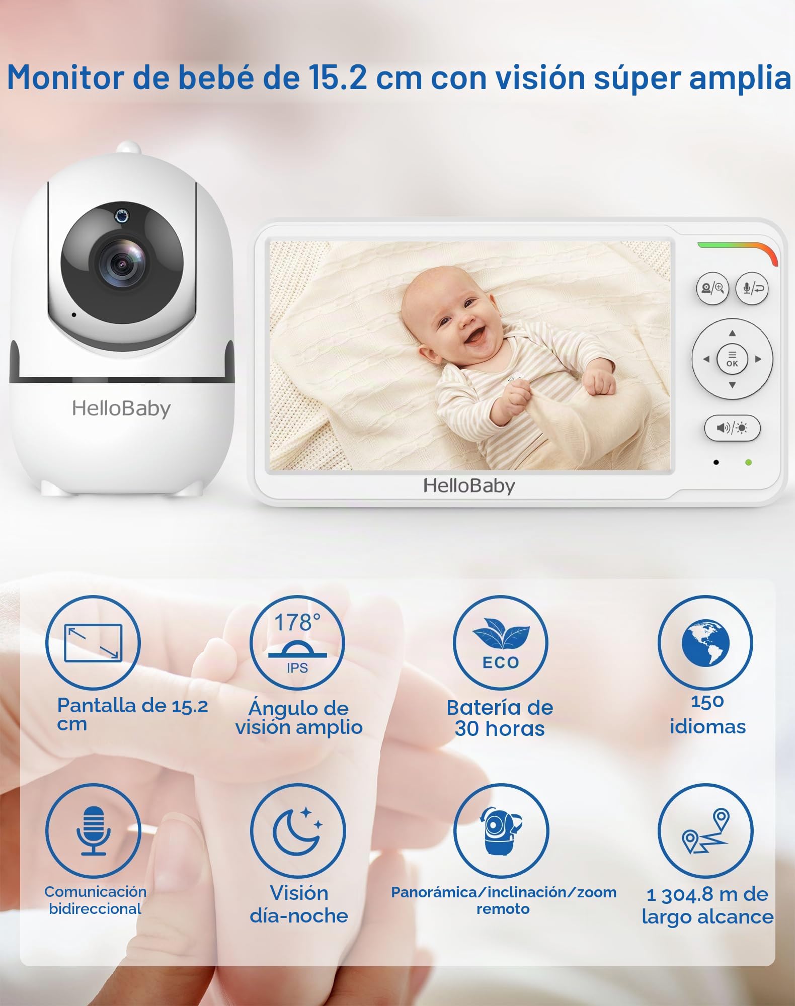 HelloBaby Monitor de Bebé con Pantalla IPS de 6", Sin WiFi, Batería 30h, Pan-Tilt 355°, Visión Nocturna Alcance 1000 Pies, Portátil con Alerta de Temperatura, Canciones de Cuna y Modo VOX