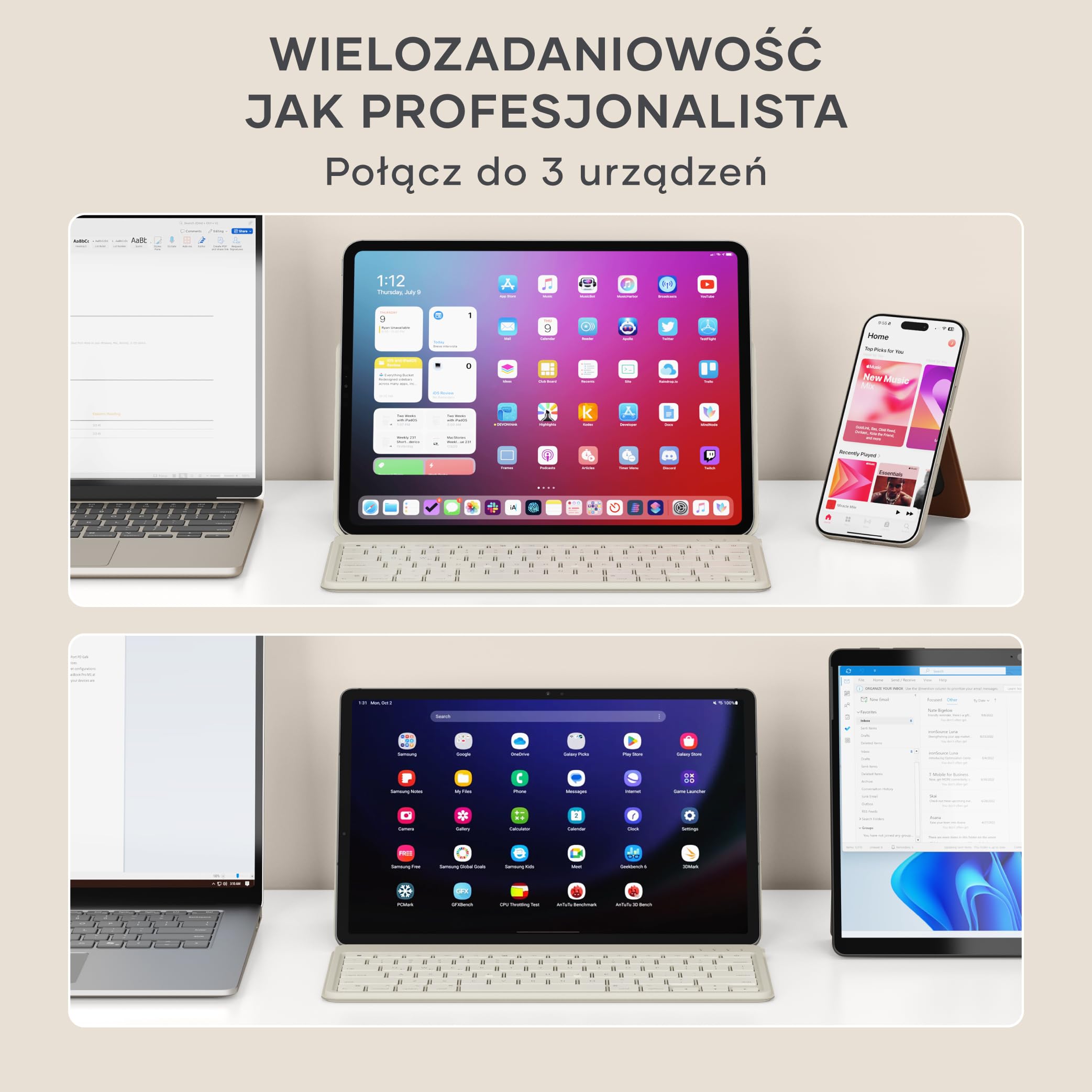 SATECHI OntheGo™ Kompaktowa Bezprzewodowa Klawiatura Bluetooth z Regulowaną Podstawką, Łączy do 3 Urządzeń, Akumulator USB-C, Ergonomiczna, 𝗨𝗦 𝗤𝗪𝗘𝗥𝗧𝗬 𝗟𝗮𝘆𝗼𝘂𝘁 – Beżowa