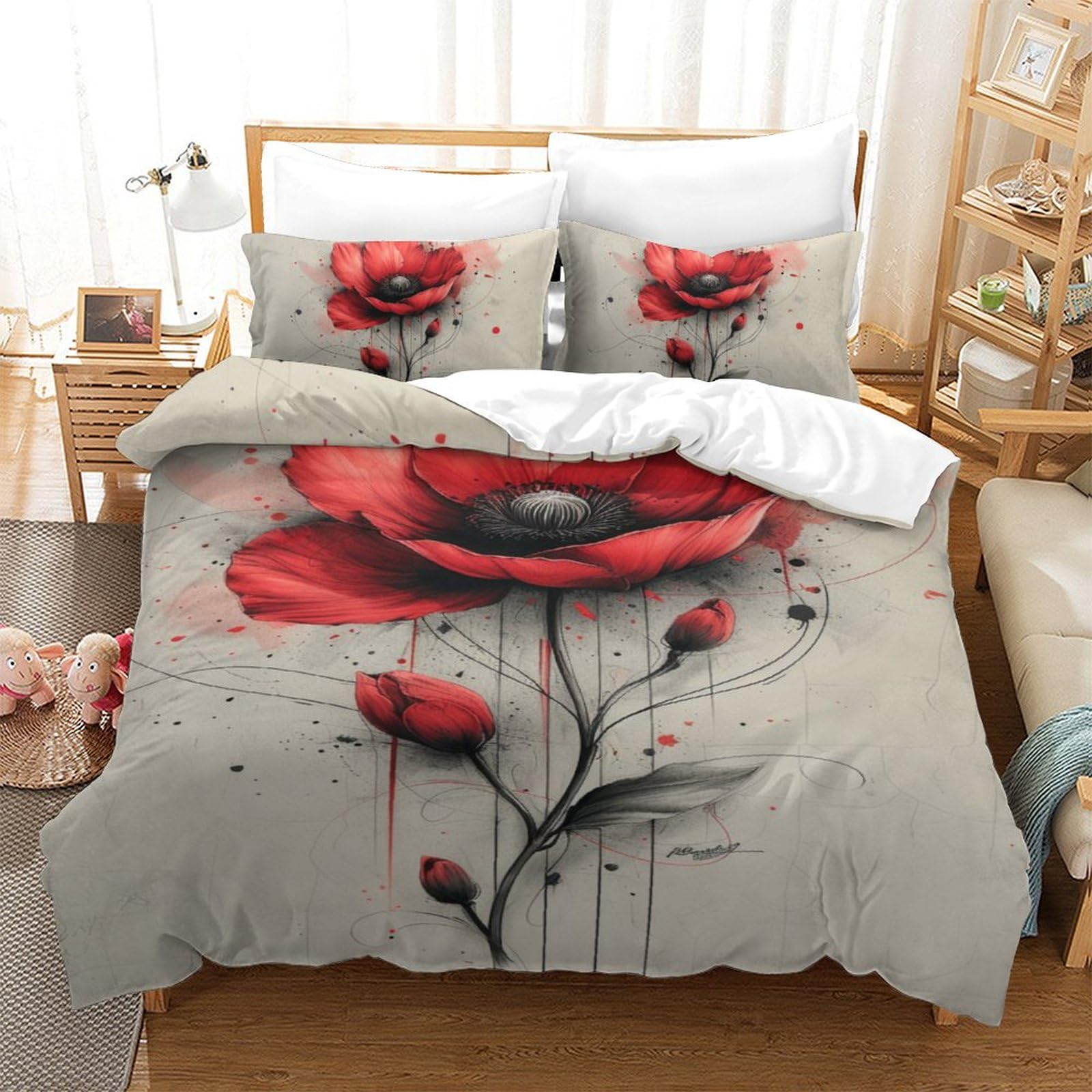 Parure de lit microfibre avec fermeture éclair et imprimé floral 3D