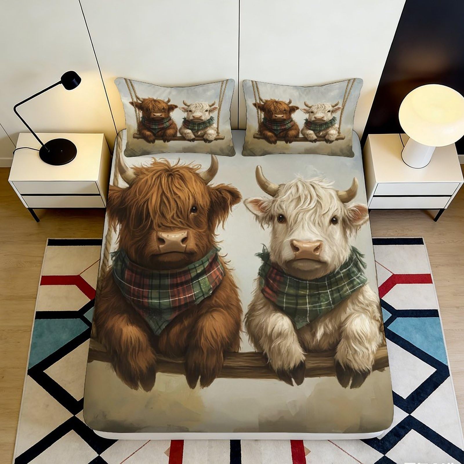 3D Printed Highland Cattle Fitted Sheet Microfiber Soft Durable Brown White Cow Mattress Cover for Bedroom Dormitory Guest Room Protection and Decoration 120x200x25cm