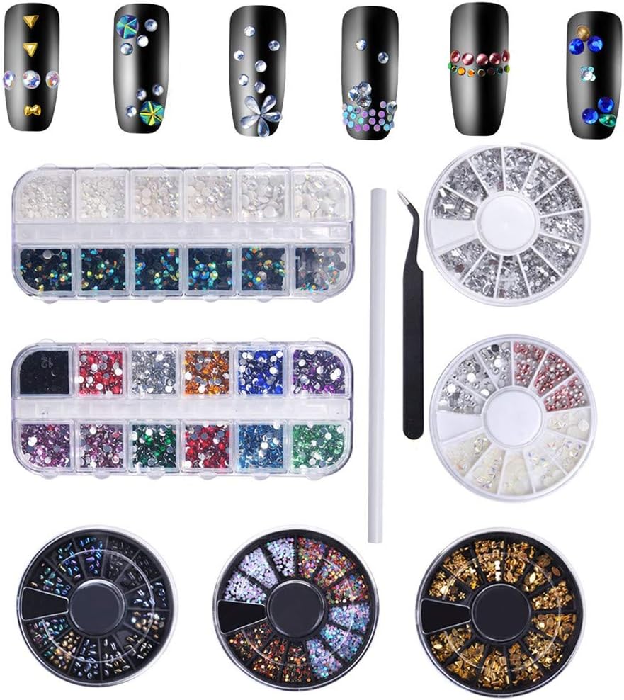 Biutee 3D Nail Art Rhinestones Set Nail Rhinestones 2Boxes +5 Wheels 1pcs Pick Up Pencil 1pcsTweezer Colored Rhinestones Sliver And Black Rhinestones Irregular 3D Decoration Rhinestones