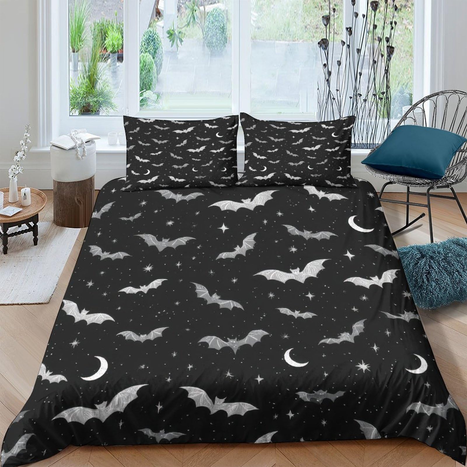 Ctjqhvkz Style-5 3D Printed Halloween Bat Moon Fitted Sheet Microfiber Soft Black Night Sky Mattress Cover Bedroom Decor Single（135X200cm）
